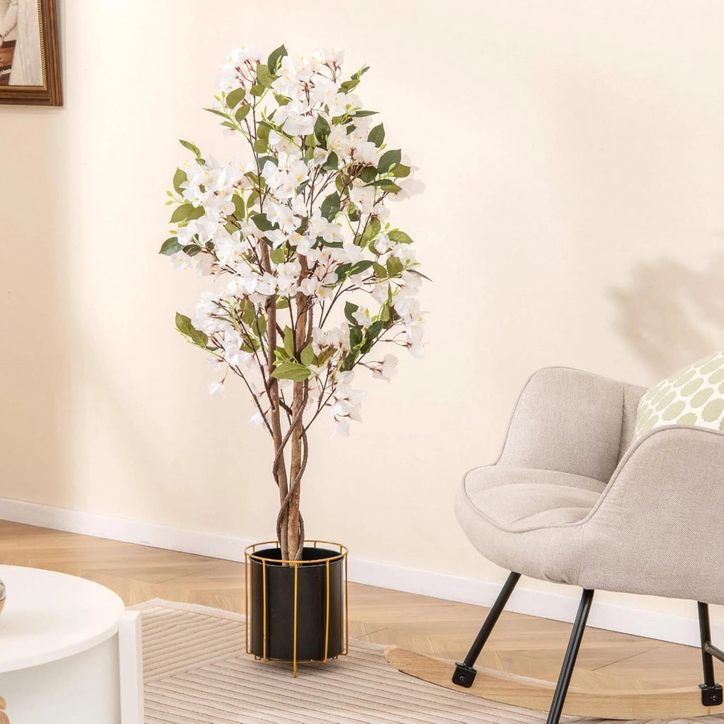 Bougainvillea Artificiale 120 cm, Albero di Buganville Finto con Fiori Aperti e Rami Realistici, Pianta Decorativa per Ingresso, Soggiorno, Ufficio, Rossa/Bianco (1, Bianco)