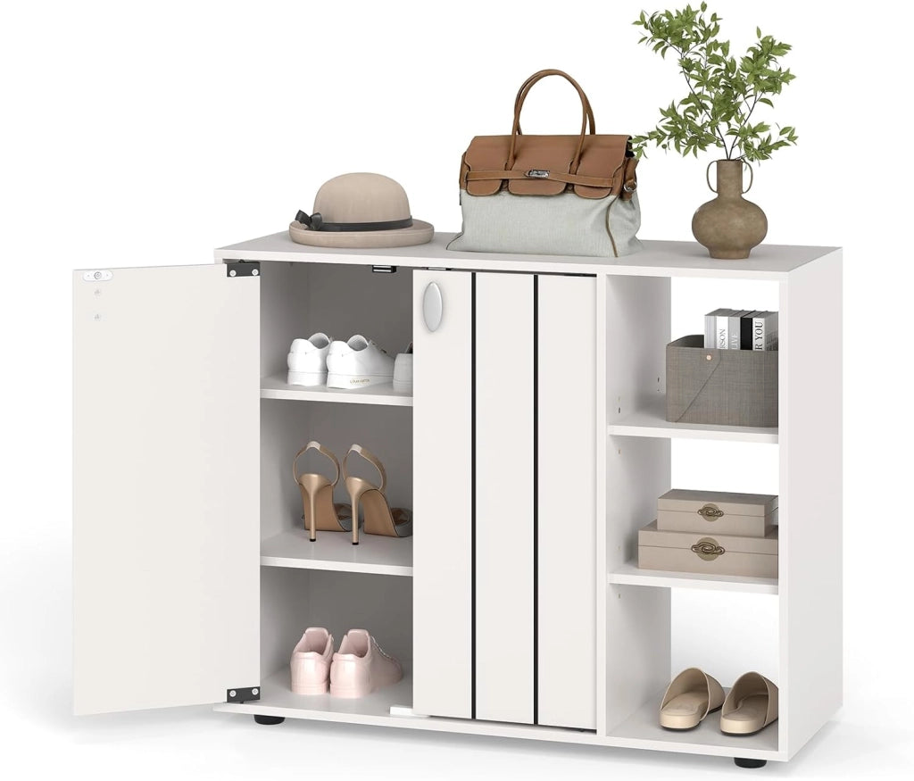 Scarpiera a 3 ripiani con 2 ante e 3 scomparti aperti con ripiani rimovibili, cassettiera per ingresso, corridoio e soggiorno, 80 x 31 x 64,5 cm (nero)