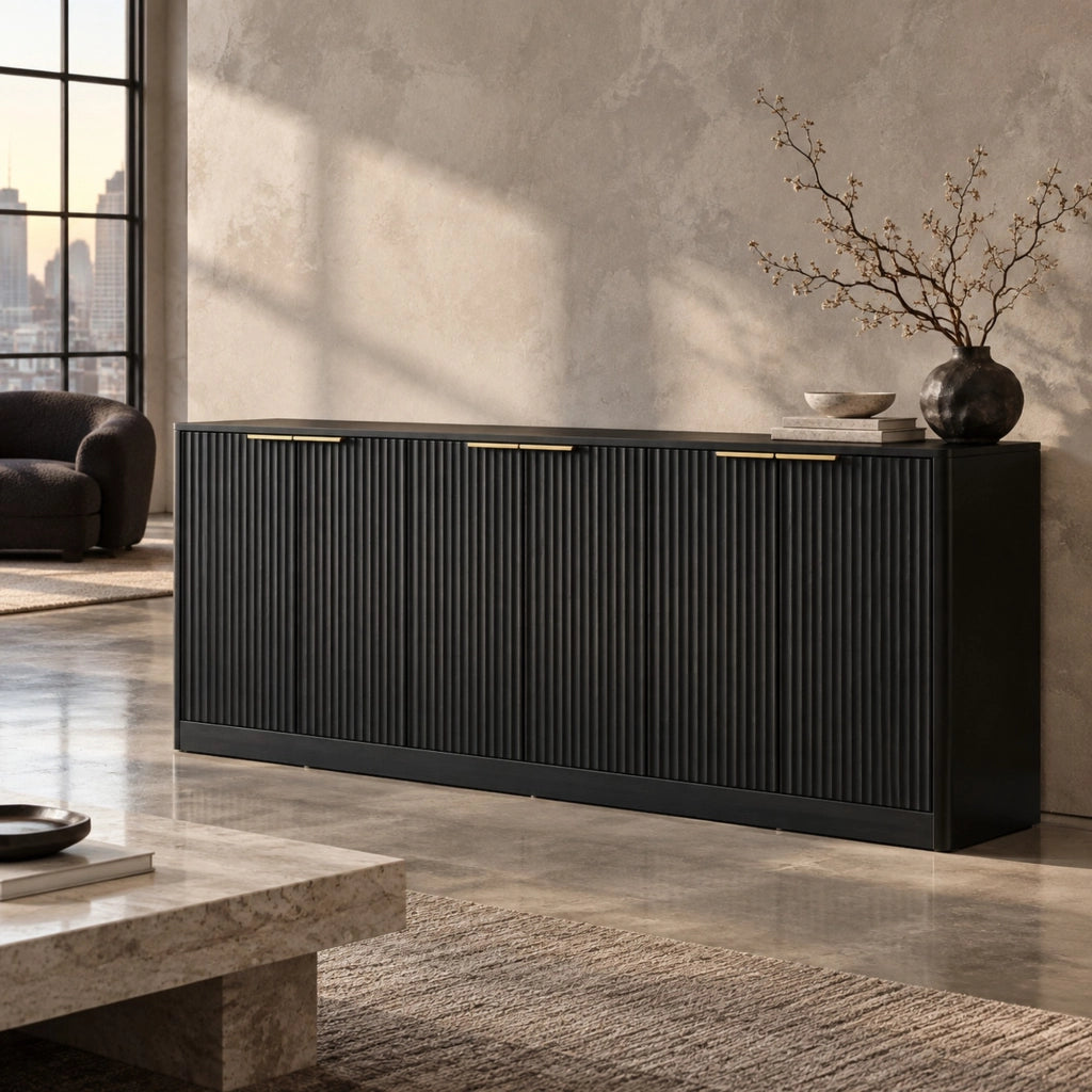 Credenza 170x40x70;5 cm a 6 ante in MDF con pannelli ondulati; nero