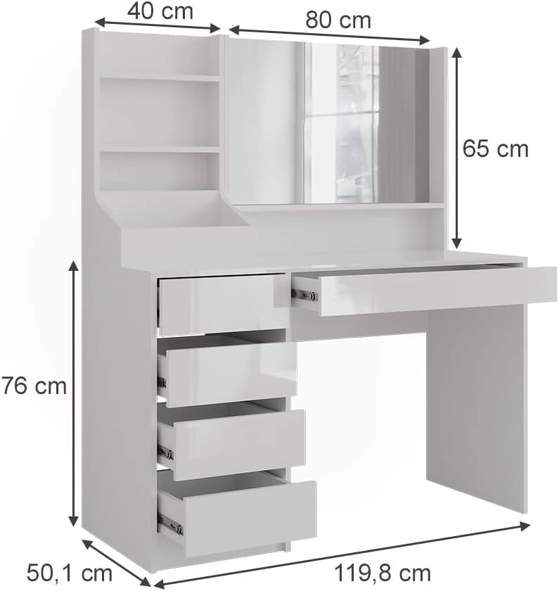 Tavolo da toeletta Sherry, Bianco/bianco lucido, 119.8 cm 3 parti