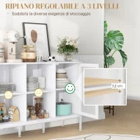 Mobile Buffet con 4 Ripiani Aperti e Armadietto, in Truciolato e Acciaio, 120x37x81.5 cm, Bianco