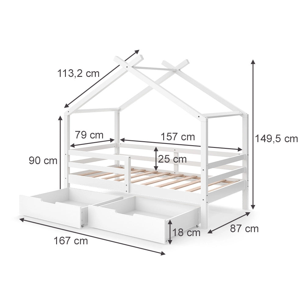 Vitalispa Letto montessori bambini Bianco 160 x 80 cm con box e materasso