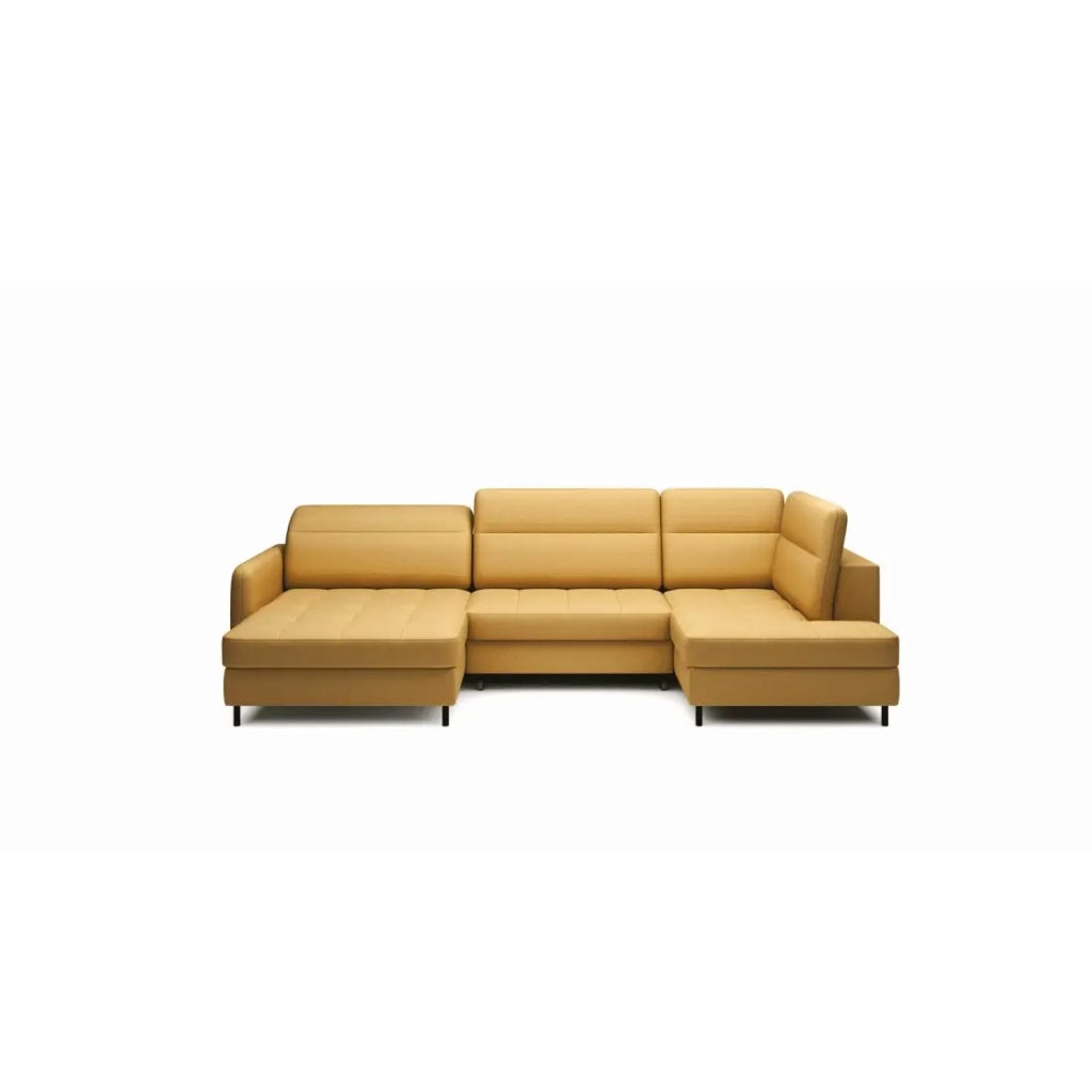 Divano angolare convertibile BERTHO 306 cm giallo arancio – Angolo sinistro con contenitore