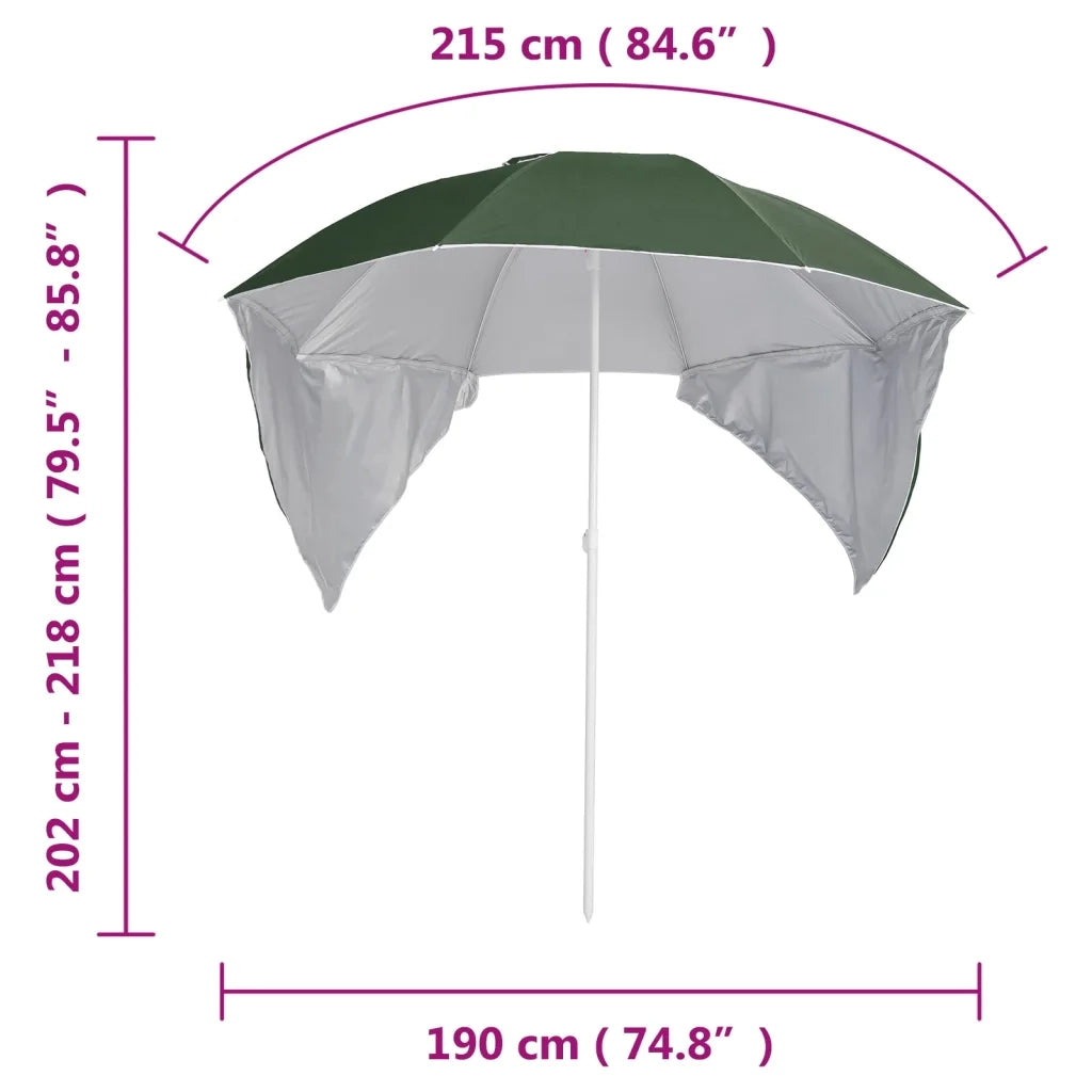 Ombrellone da Spiaggia con Teli Laterali Verde 215 cm