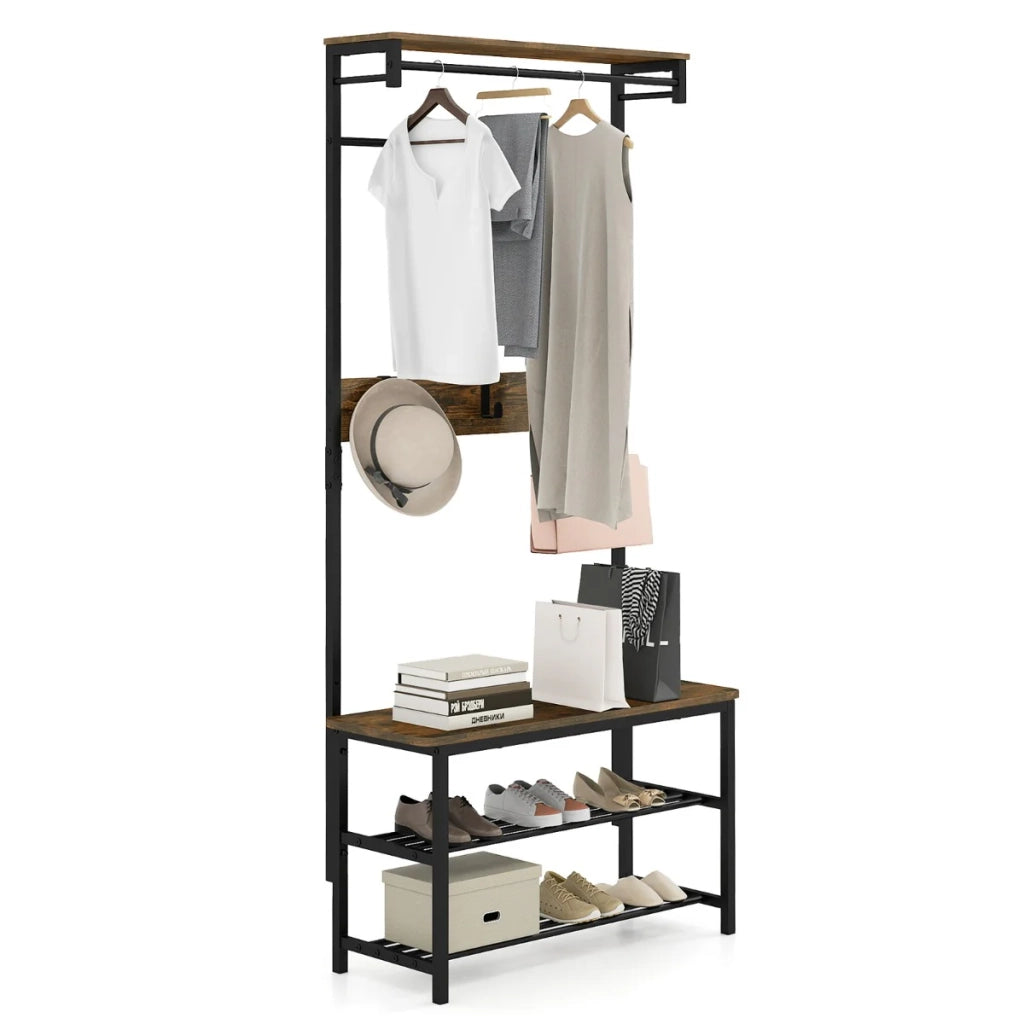 Appendiabiti con panca e vano porta scarpe 80 x 32 x 169 cm multifunzionale stile industriale legno composito marrone rustico 20_0017876