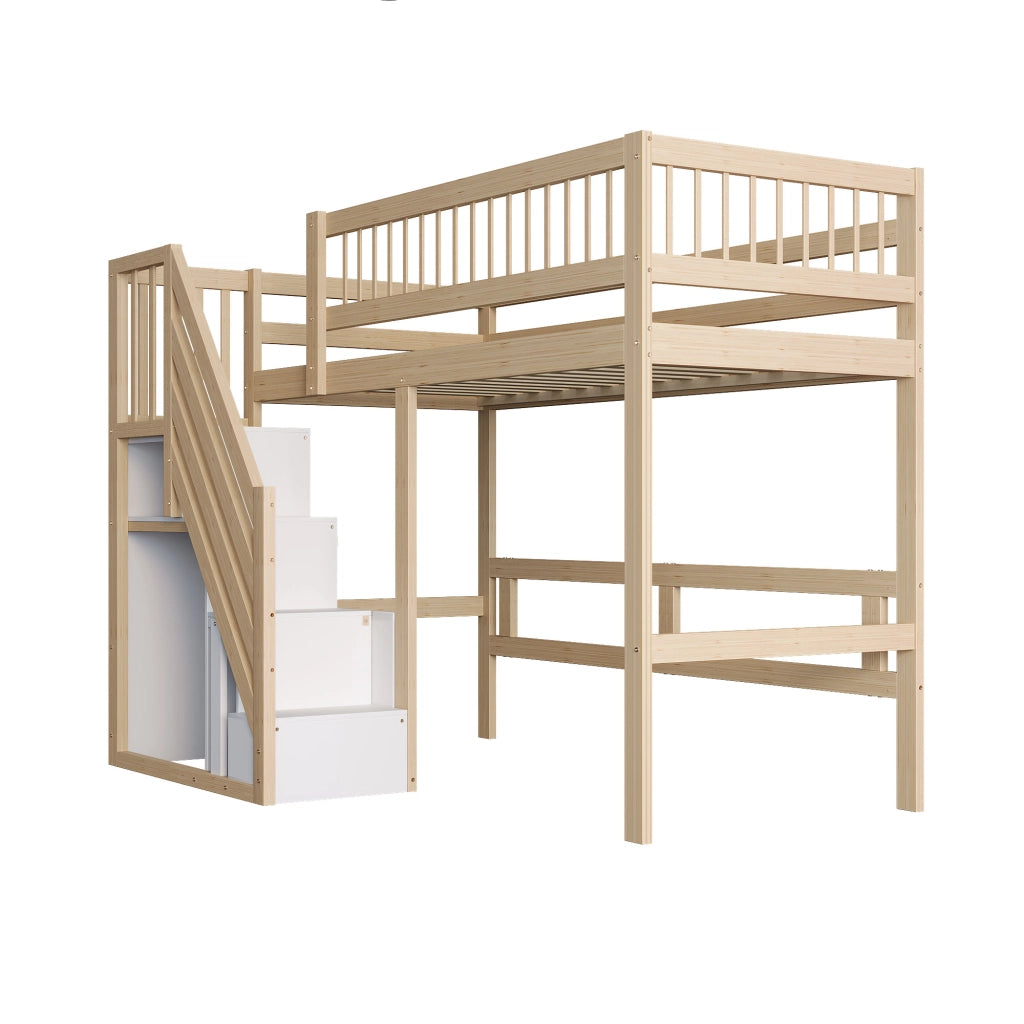 Letto singolo in legno massello naturale con scala e contenitori integrati 90x200 cm