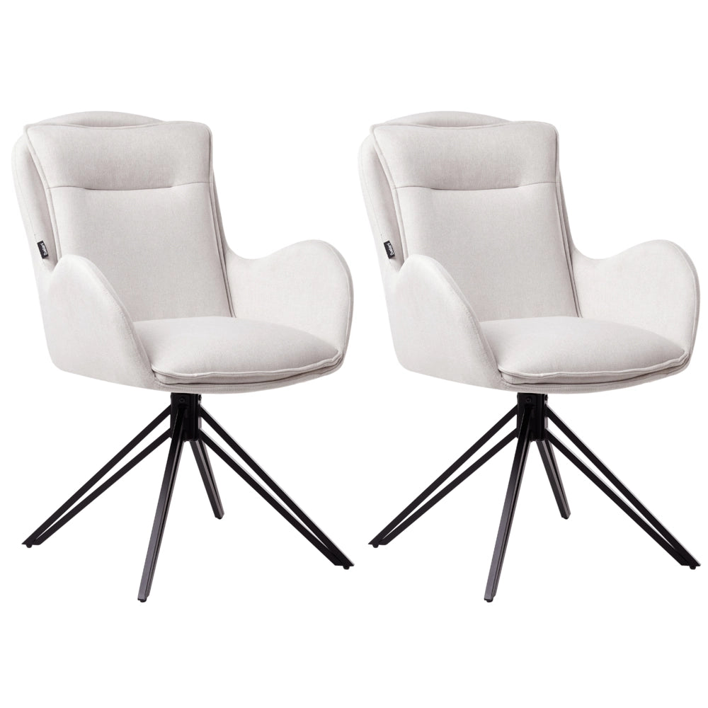 Set di 2 sedie girevoli da pranzo Tessuto beige chiaro con braccioli Schienale trapuntato Gambe in metallo nero Retro