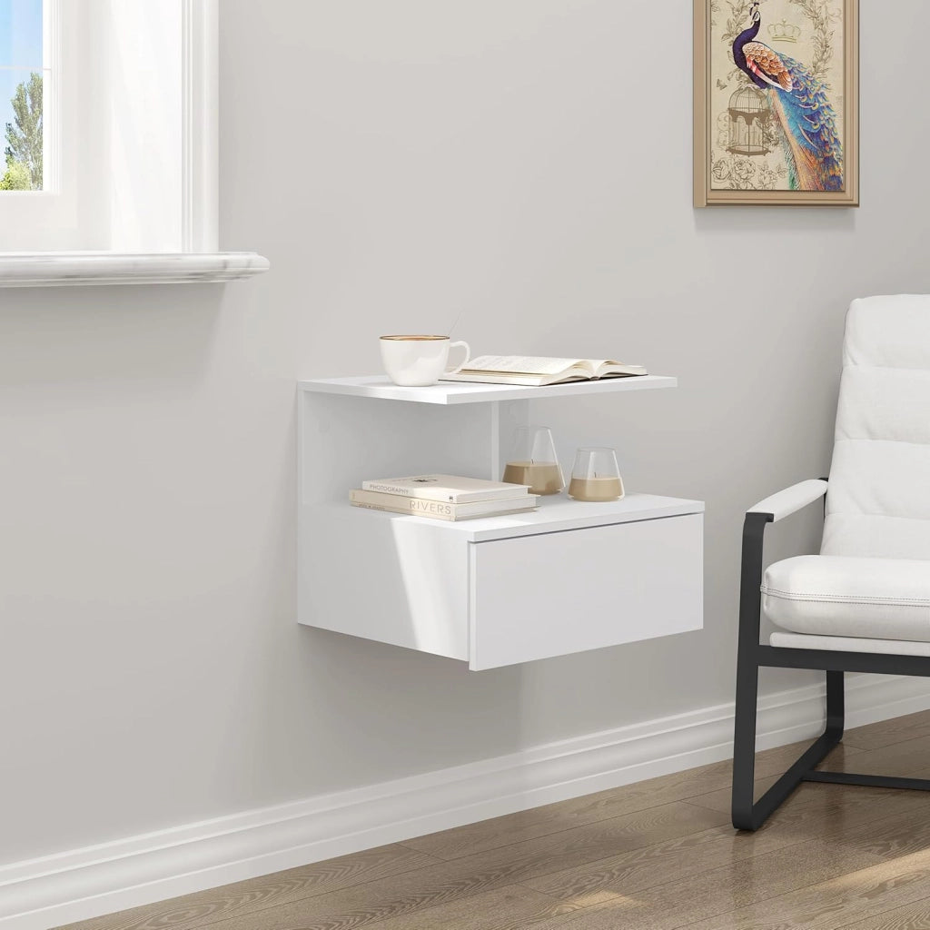 Set di 2 Comodino Sospeso, Comodino per Camera da Letto con 1 Cassetto e 1 Scomparto Aperto, Fissaggio a Parete, Mobiletto per Cameretta Moderno, in Legno,40x35x31cm, Bianco, NTS03ws-2