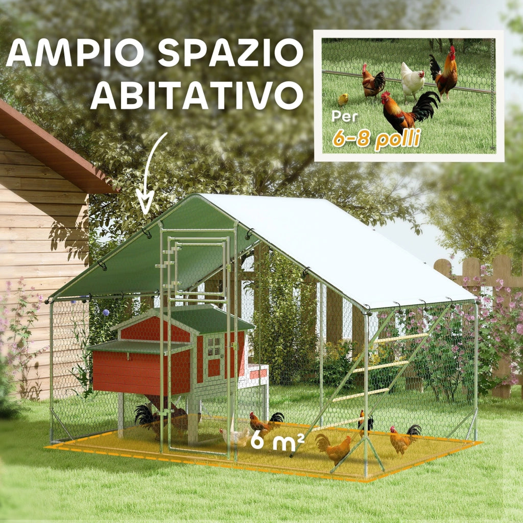 Recinto per Galline da 6 mq 300x200x195 cm per 6-8 Animali con Tetto Impermeabile Mangiatoia e Posatoio Argento