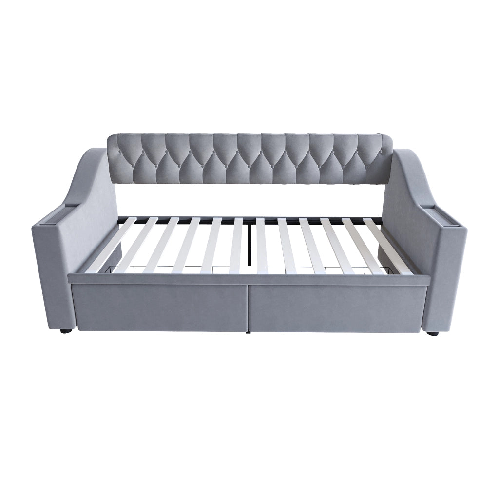 Letto imbottito trasformabile 90x190 cm in velluto con contenitore, USB e cassetti, grigio chiaro