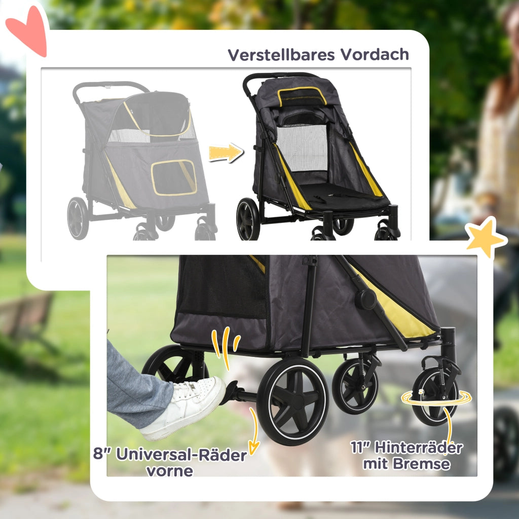 Carrello pieghevole per animali con chiusura a un clic, finestre in rete, ammortizzatori e freni, acciaio grigio scuro 112 × 65 × 100 cm
