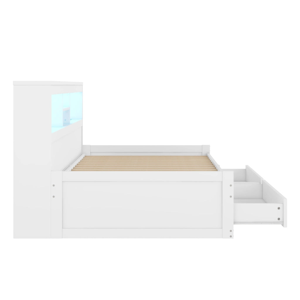 Divano letto singolo bianco 90x200 cm con cassetti; LED e prese USB