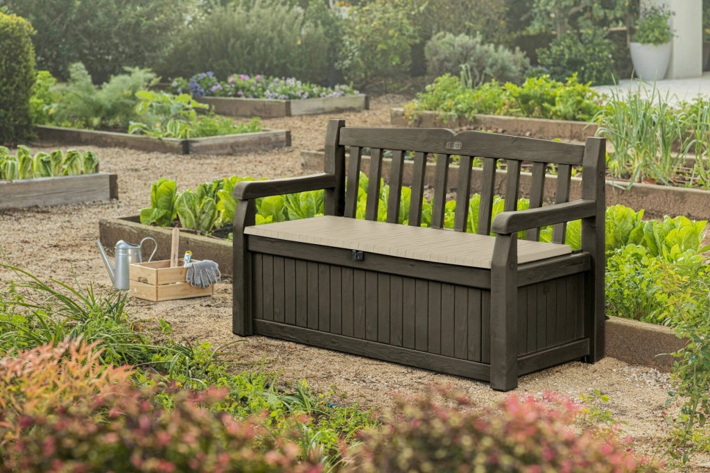 Cassapanca outdoor Chestermere, Baule da giardino, Contenitore da esterno, Panchina contenitore da esterno, 140x60 h84 cm, Marrone e Beige