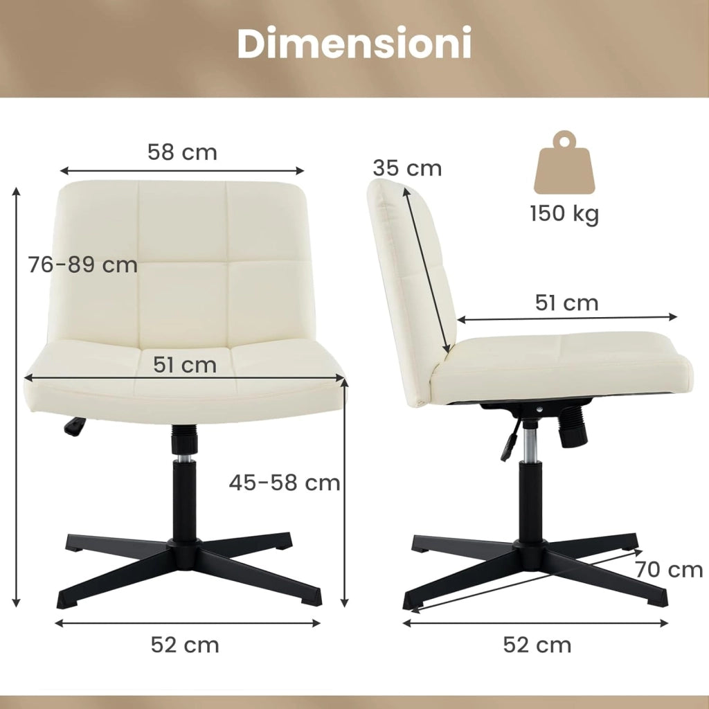 Sedia da Ufficio a Gambe Incrociate, Sedia Scrivania con Seduta a U Spaziosa, Sedia Girevole per Casa e Ufficio, senza Ruote e Braccioli, Altezza Regolabile, Portata 150 kg (Beige)