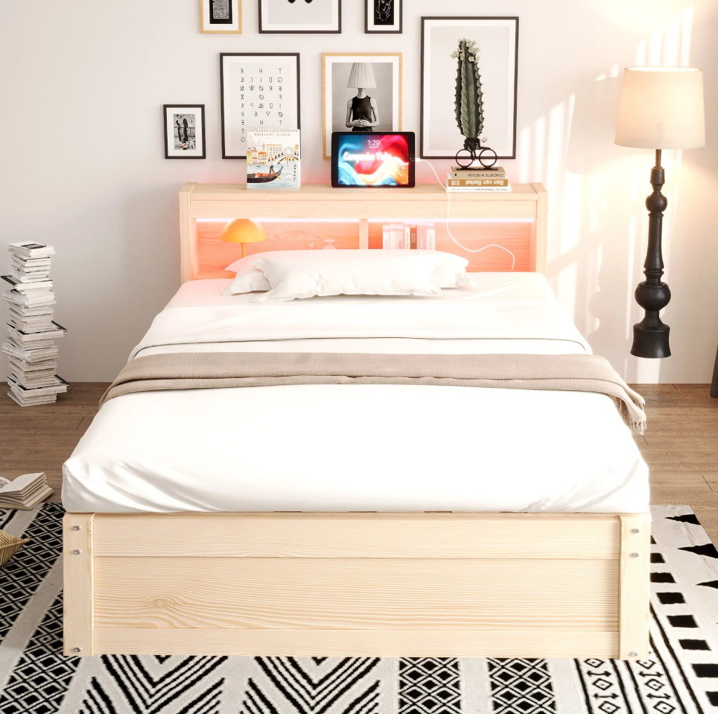 Letto singolo multifunzionale 90x200 cm con LED, presa integrata e vano contenitore