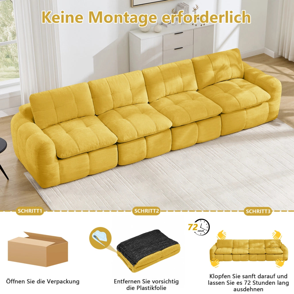 Divano modulare 4 posti in chenille giallo; 334x97x68 cm; seduta ampia e profonda