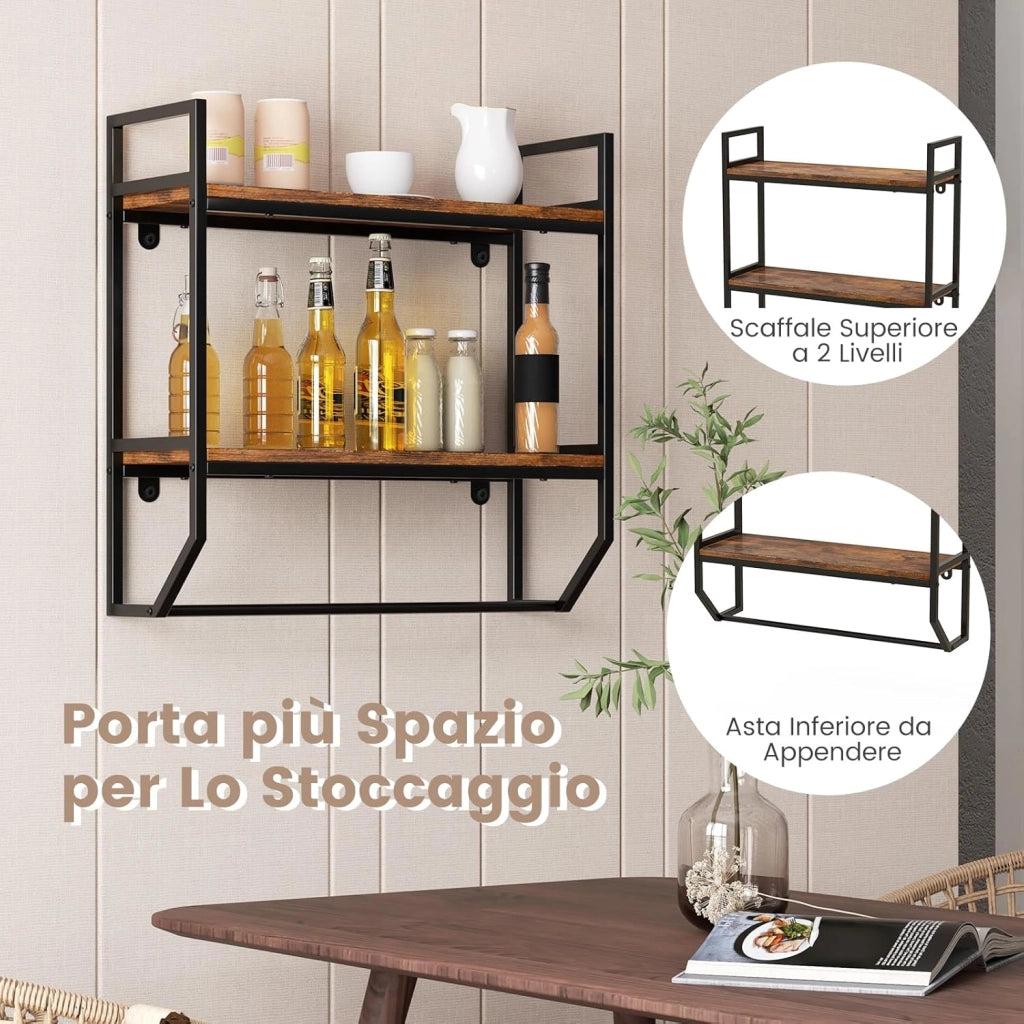 Scaffale a Muro 2 Livelli, Mensole a Parete con Barra Porta Asciugamani e Telaio in Metallo, Scaffale da Parete per Bagno Soggiorno Cucina, Stile Industriale, 59x20x58 cm