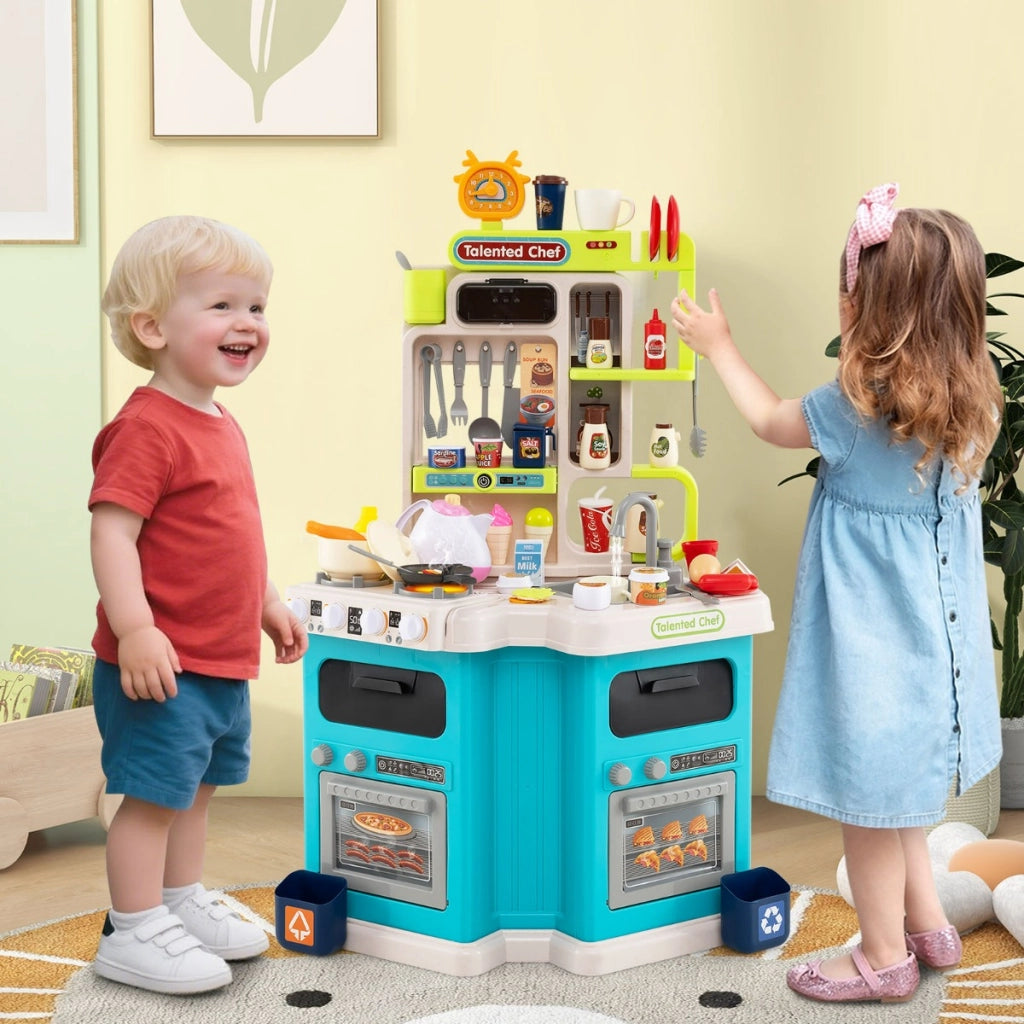Cucina da gioco angolare con 75 accessori per bambini 3+ anni, Cucinetta in legno con suoni e luci realistici Blu