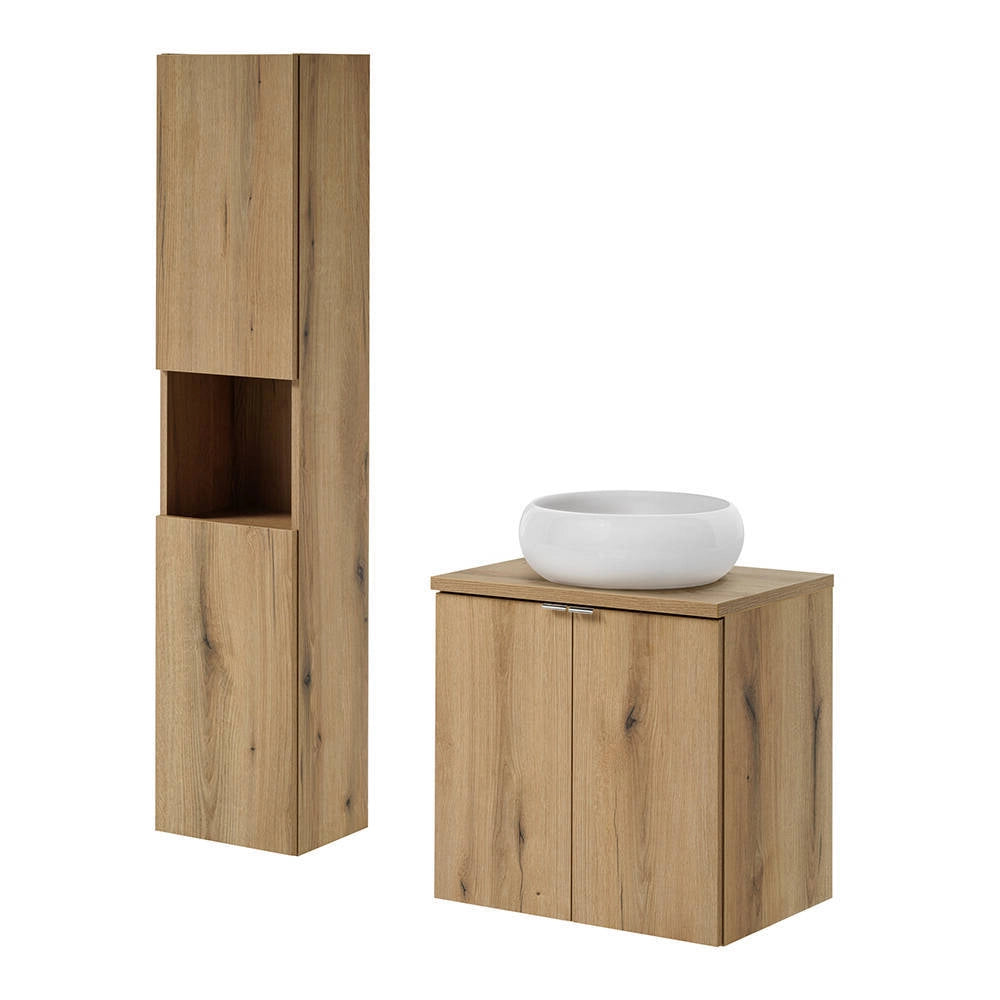 Set Pensile Newport da Bagno con Mobile a Colonna Mobile Sottolavabo 60x57x39 cm e Lavabo in Ceramica - Effetto Rovere [en.casa]