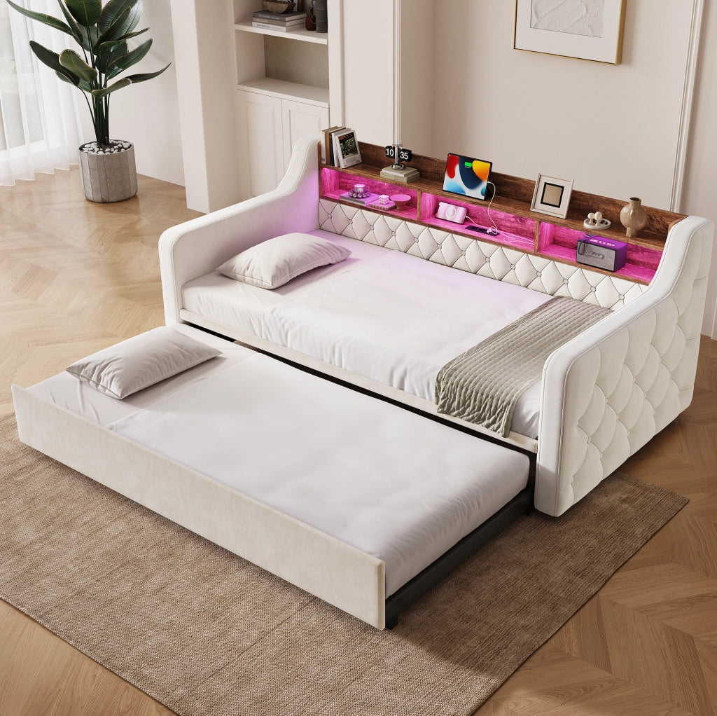 Divano letto 90x190 cm beige in velluto; estraibile con LED