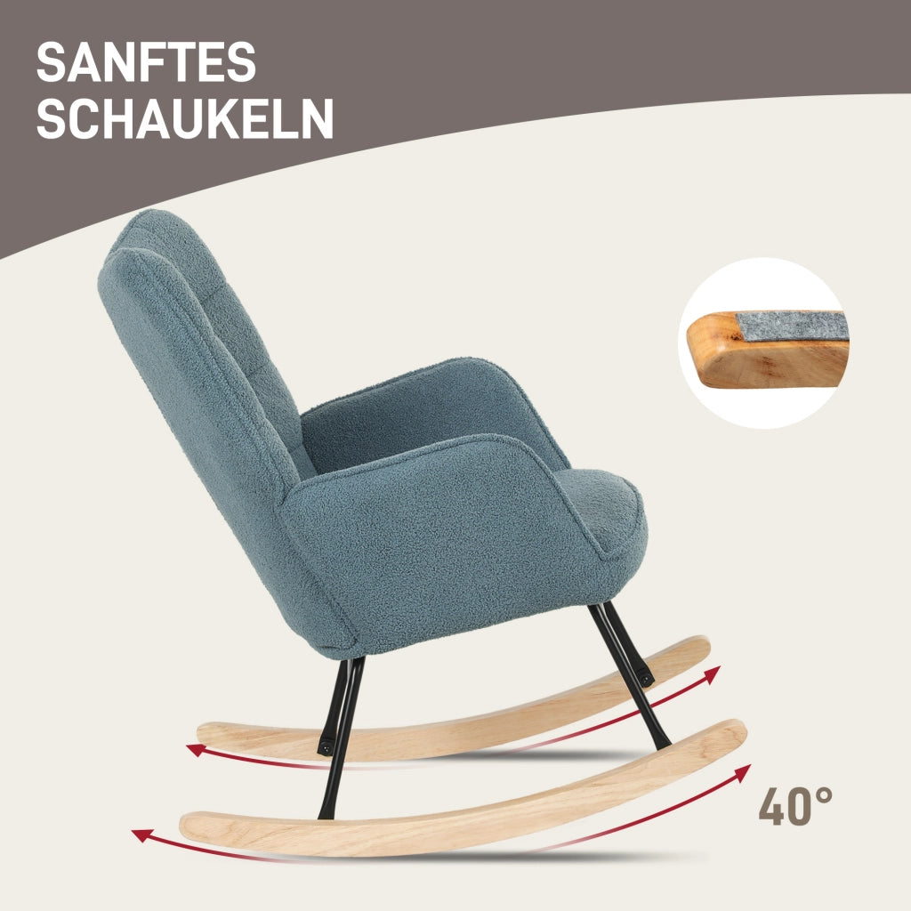 Sedia a dondolo relax con schienale alto braccioli e base in legno per soggiorno e camera da letto in poliestere azzurro