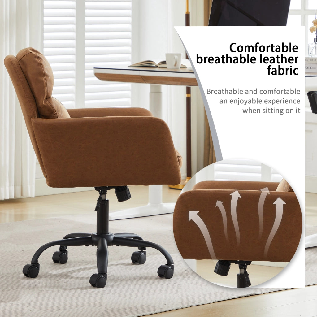 Sedia da ufficio in PU marrone con schienale e seduta imbottiti, struttura in metallo resistente per studio