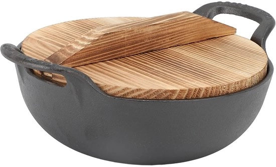 Wok 25 Cm - Piatto da Wok in Ottone - Superficie Antiscivolo - Base Piana - Maniglia Doppia - Coperchio