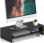 Supporto per monitor - Supporto per laptop 2 livelli Stand per desktop in legno per computer portatile - Riser 54cm Nero con cassetta di ripostiglio Organizzatore per ufficio