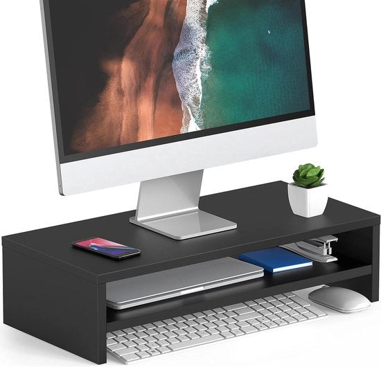 Supporto per monitor - Supporto per laptop 2 livelli Stand per desktop in legno per computer portatile - Riser 54cm Nero con cassetta di ripostiglio Organizzatore per ufficio