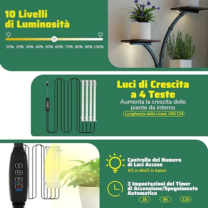 Scaffale per Piante da Interno ed Esterno, Porta Piante con Luci di Crescita, 8 Ripiani in Metallo ad Angolo, Porta Vasi per Balcone, Giardino e Soggiorno, 67 x 30 x 146 cm