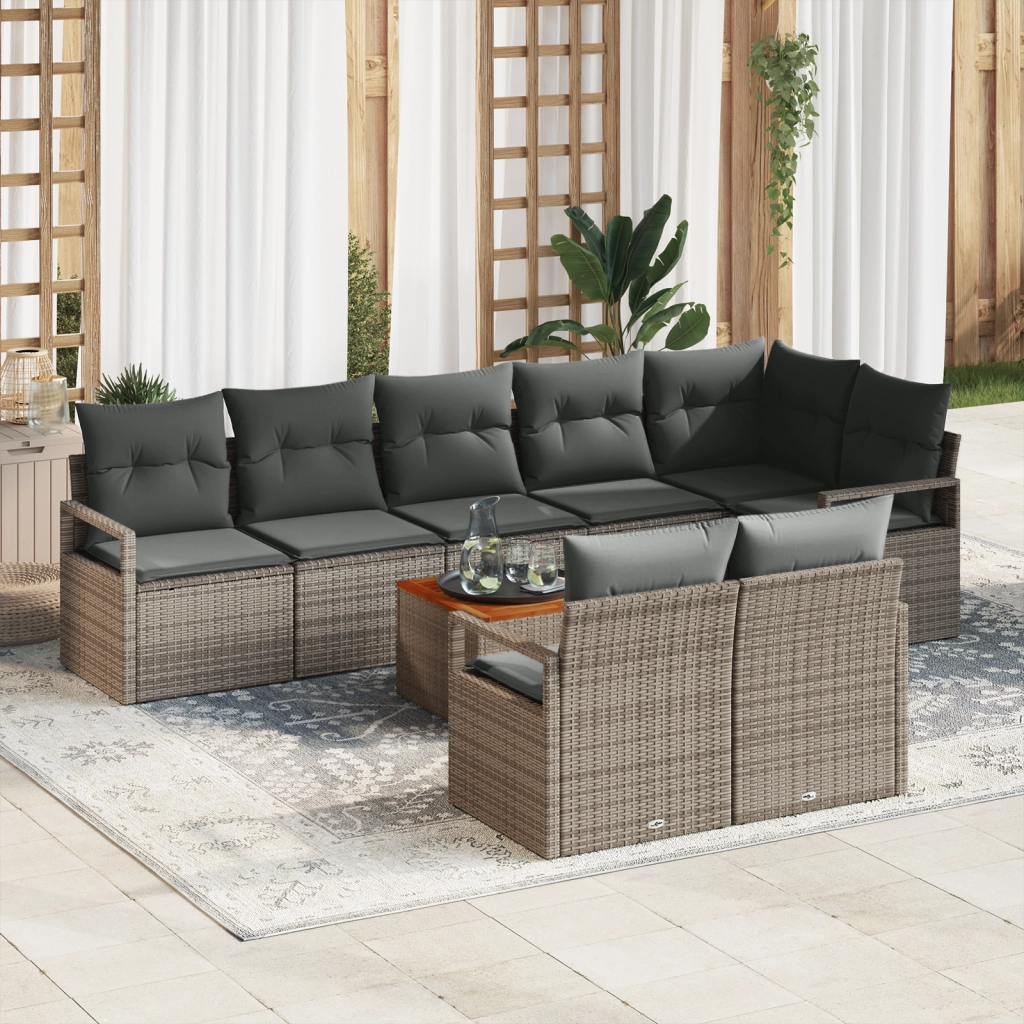 Set di Divani da Giardino in 9 Pezzi con Cuscini Grigio Polirattan Acacia