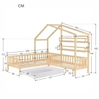Letto per bambini a forma di casetta con cassetti e scaffali, senza materasso, 90x200 cm + 140x70 cm,naturale