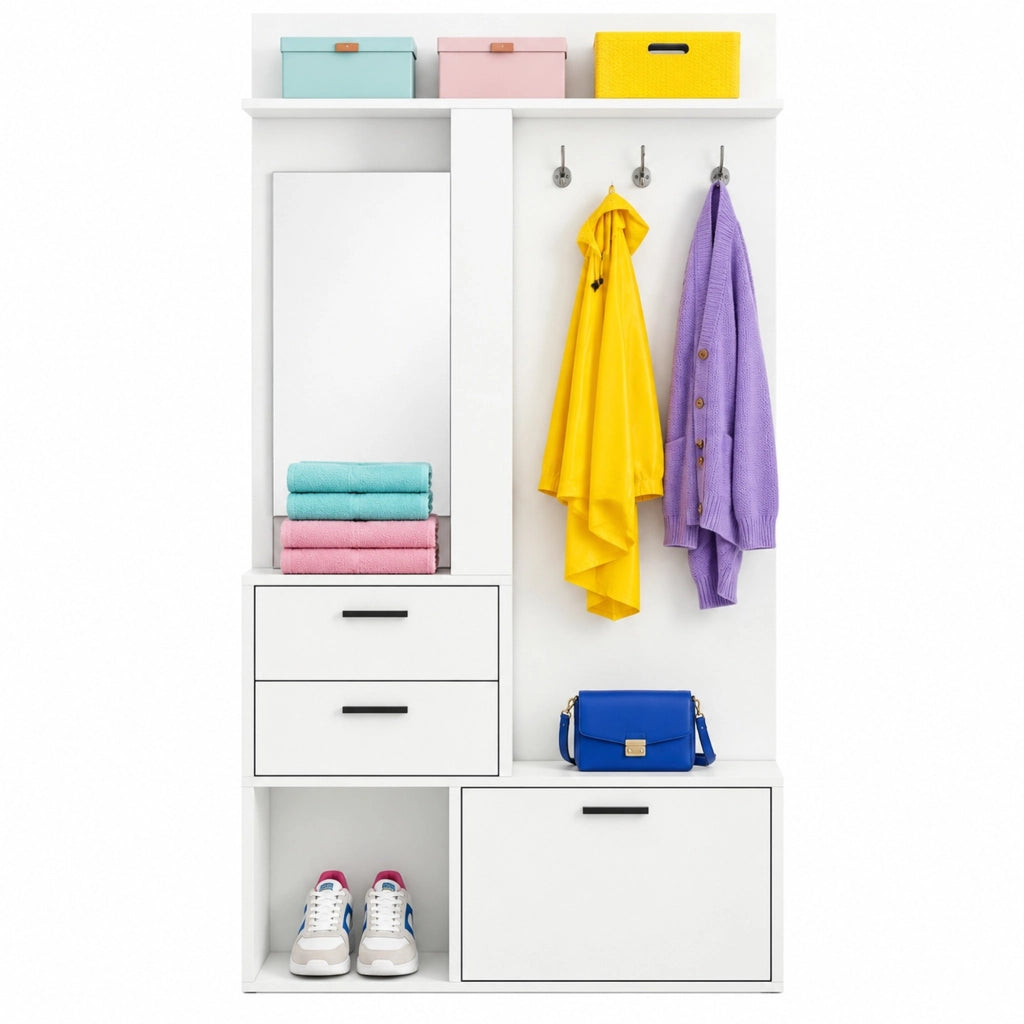 Guardaroba da ingresso 90x30x180 cm con specchio, scarpiera e 2 cassetti bianco HAVRYA