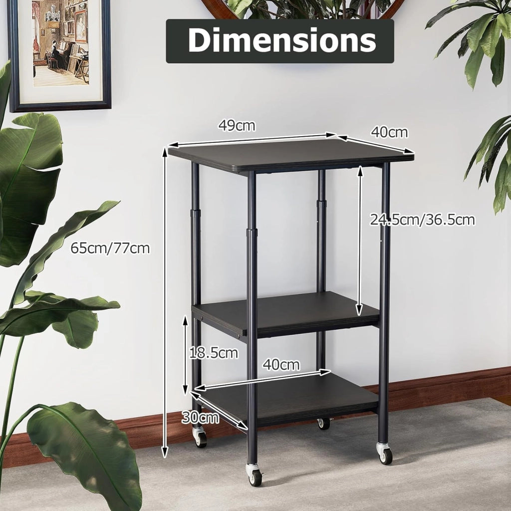 Supporto per Stampante a 3 Livelli, Tavolino Porta Stampante con Ruote Bloccabili e Altezza Regolabile, per Stampante 3D, Scanner, Fax, per Studio e Ufficio, 49 x 40 x 65/77 cm (Nero)