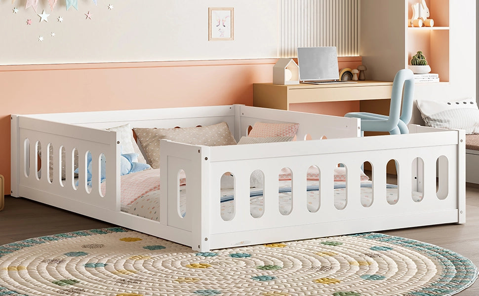 Letto per bambini 140x200 in legno bianco con sponde di sicurezza e design a terra