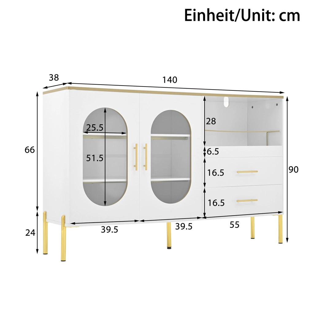 Credenza e Madia con 2 Cassetti e 2 Ante in Vetro; Passacavi; Stile Moderno; in MDF; Bianco; 140??38??90 cm