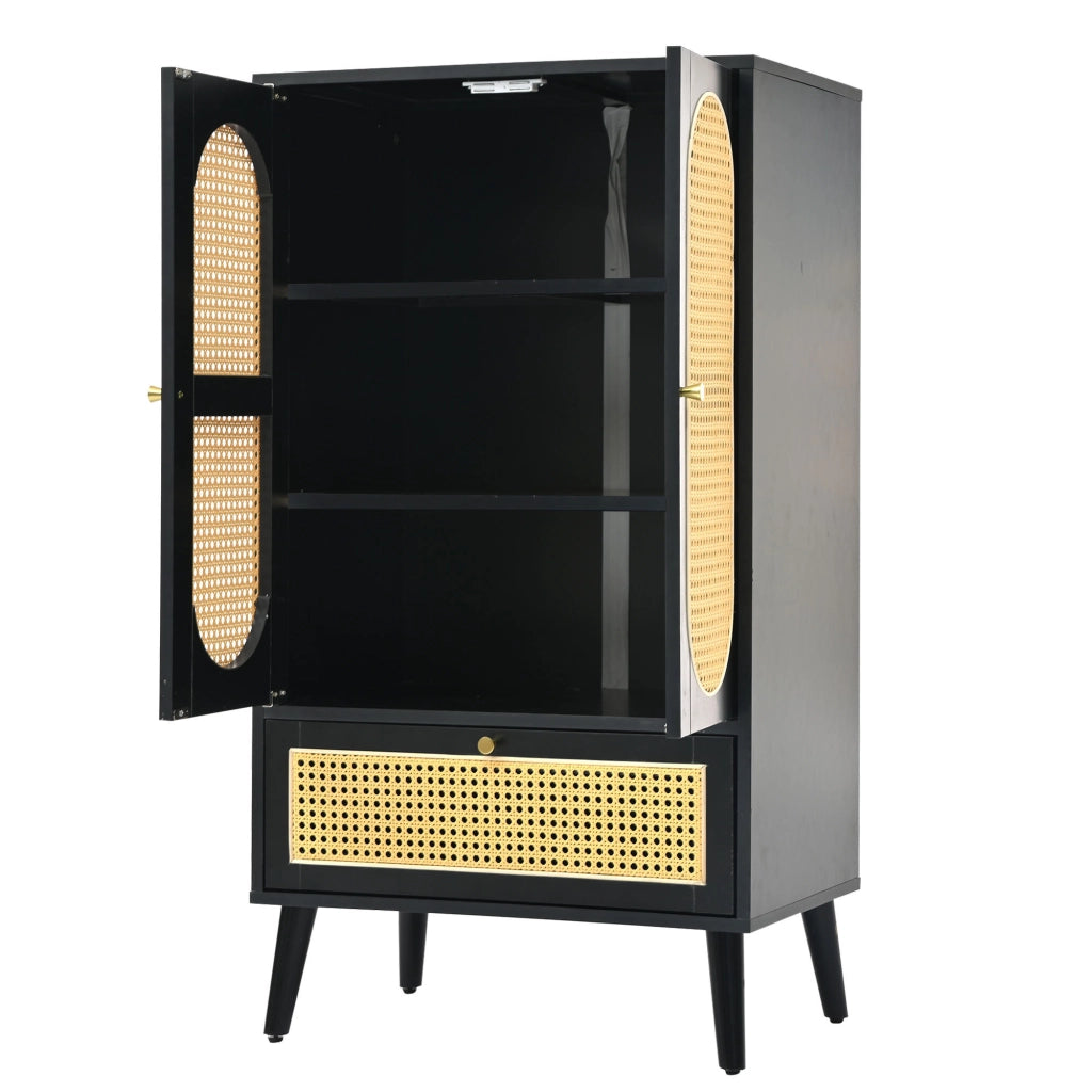 Madia compatta nera effetto rattan 110 cm, 2 ante e 1 cassetto, con ripiani interni