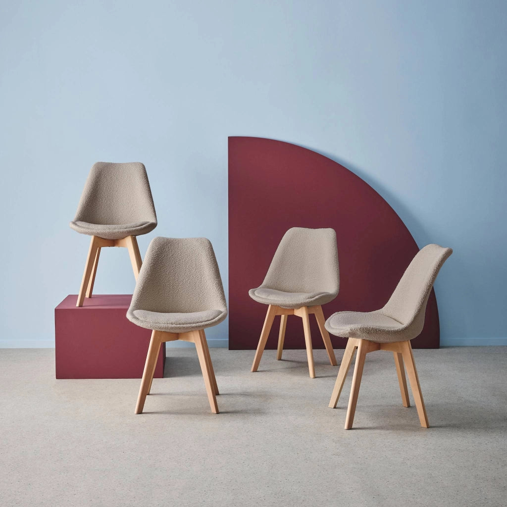 Set 4 sedie scandinave legno di faggio e bouclé strutturato, talpa