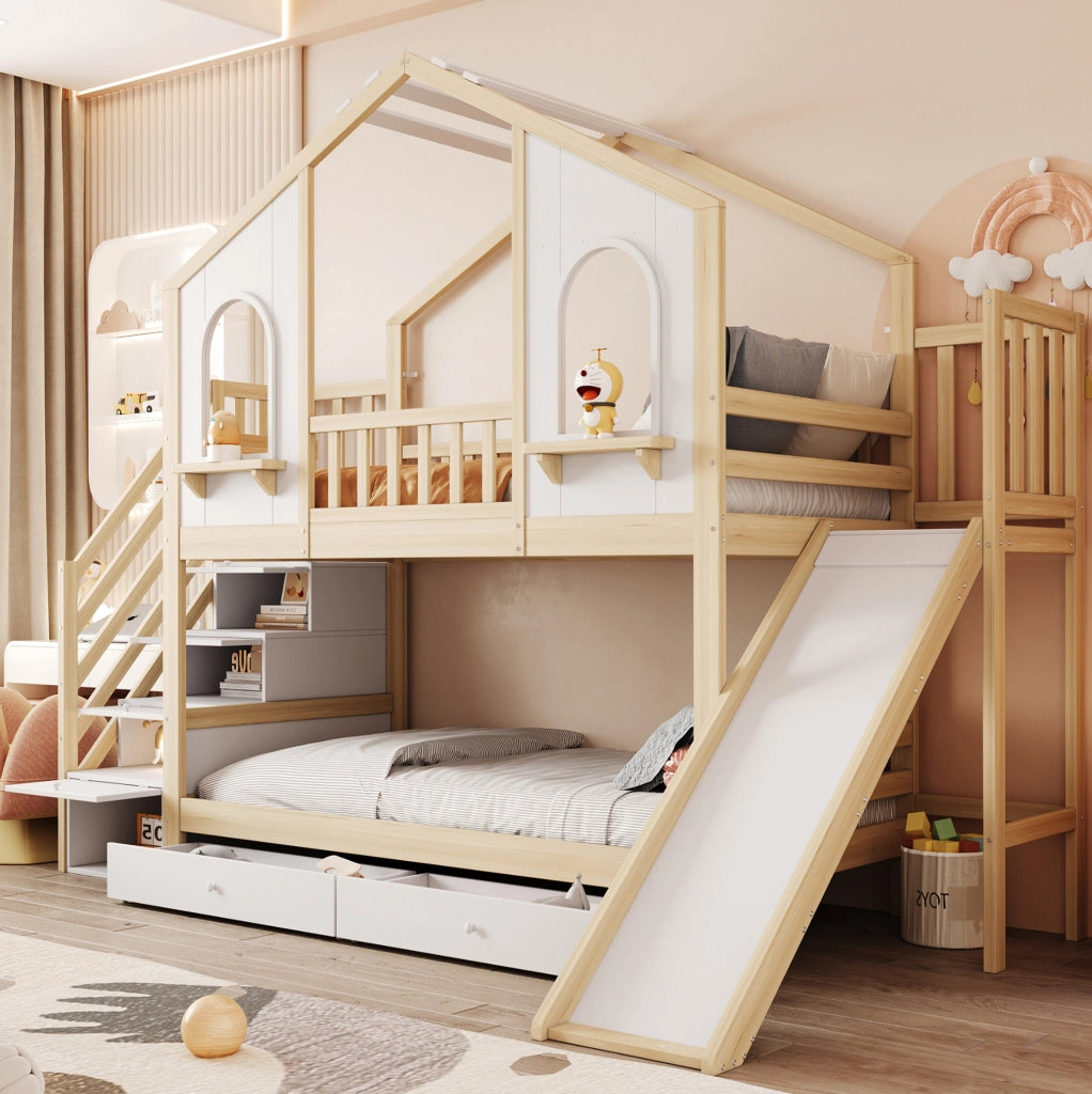 Letto a castello per bambini 90x200 cm a forma di casetta; con scivolo; scala contenitore e cassetti; naturale e bianco