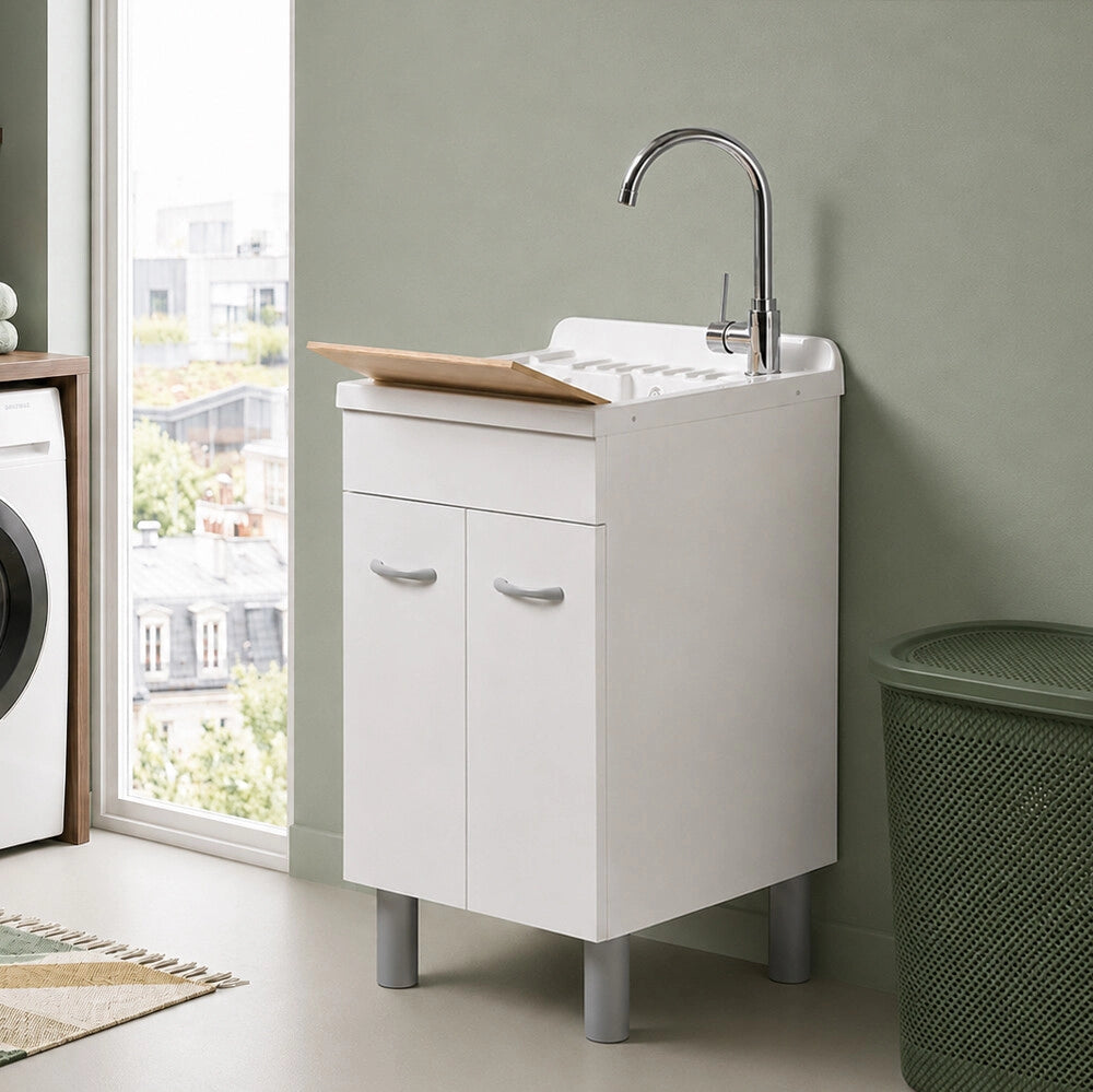 Mobile lavatoio 50x41 cm bianco opaco con due ante e vasca incluso di asse di lavaggio e kit di scarico Medea