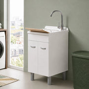 Mobile lavatoio 50x41 cm bianco opaco con due ante e vasca incluso di asse di lavaggio e kit di scarico Medea