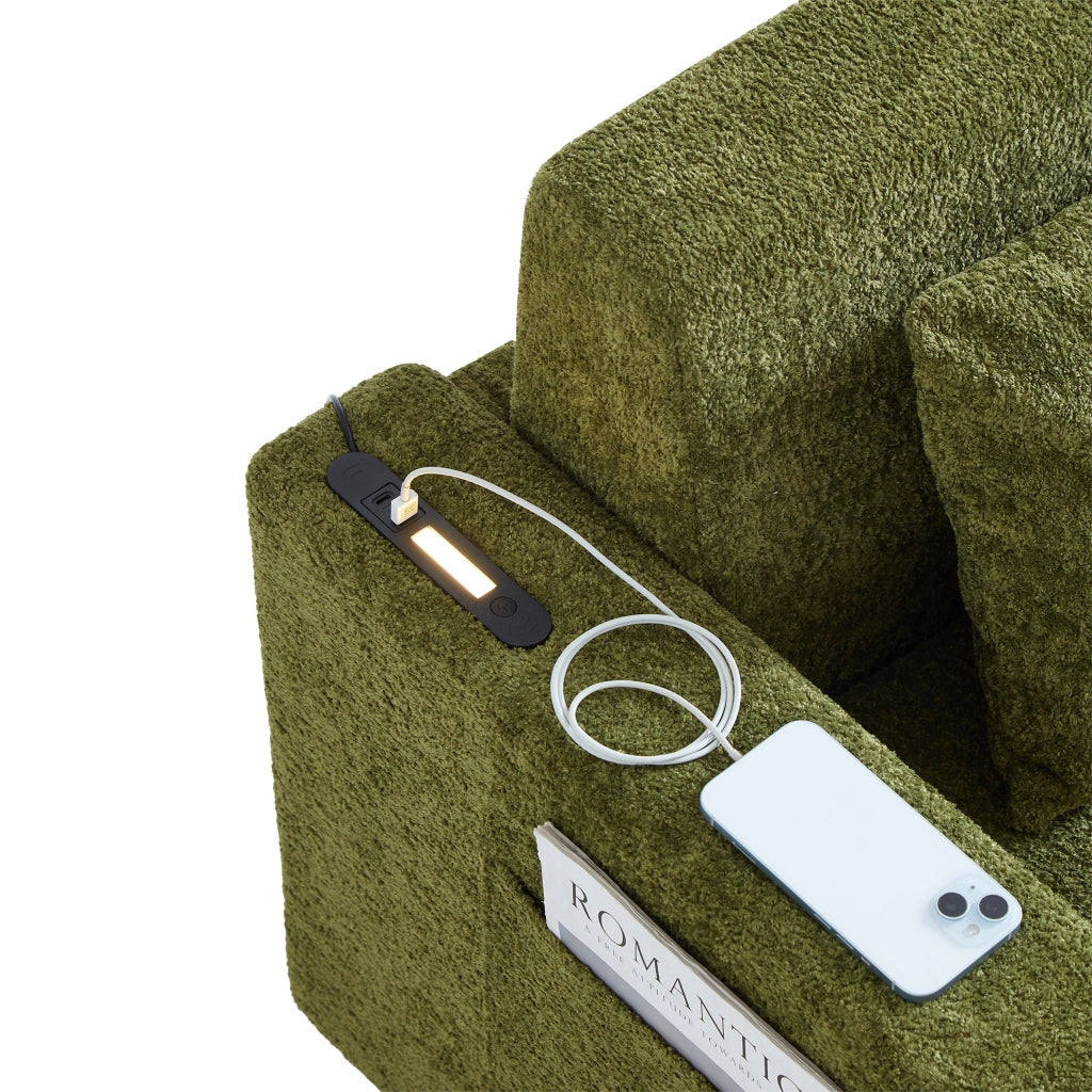 Divano letto 2 in 1 pieghevole verde con porte USB, portabicchieri e tasche laterali