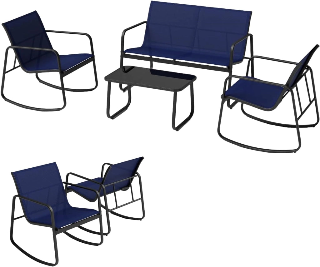 Set da Bistrò in Tessuto Textilene, Set da Giardino in 4 Pezzi, Tavolo Portato 50 kg, 2 Sedie a Dondolo Portate 150 kg, e Divanetto Portato 300 kg, Set Tavolo e Sedie da Esterno (Blu)