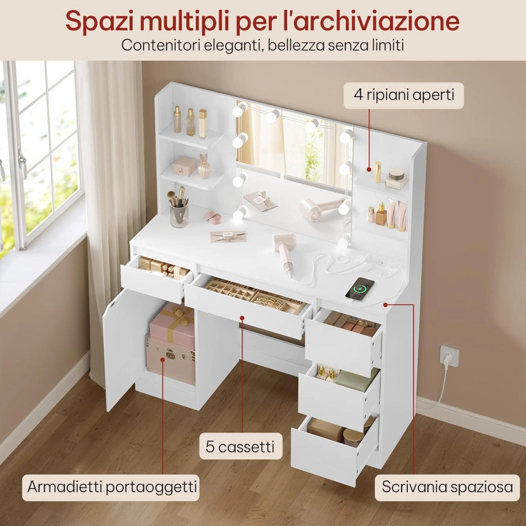 Toeletta Trucco con Specchio LED, Tavolo da Trucco con Sgabello e 4 Cassetti, Luci Regolabili a 3 Colori, Design Moderno Bianco per Camera da Letto
