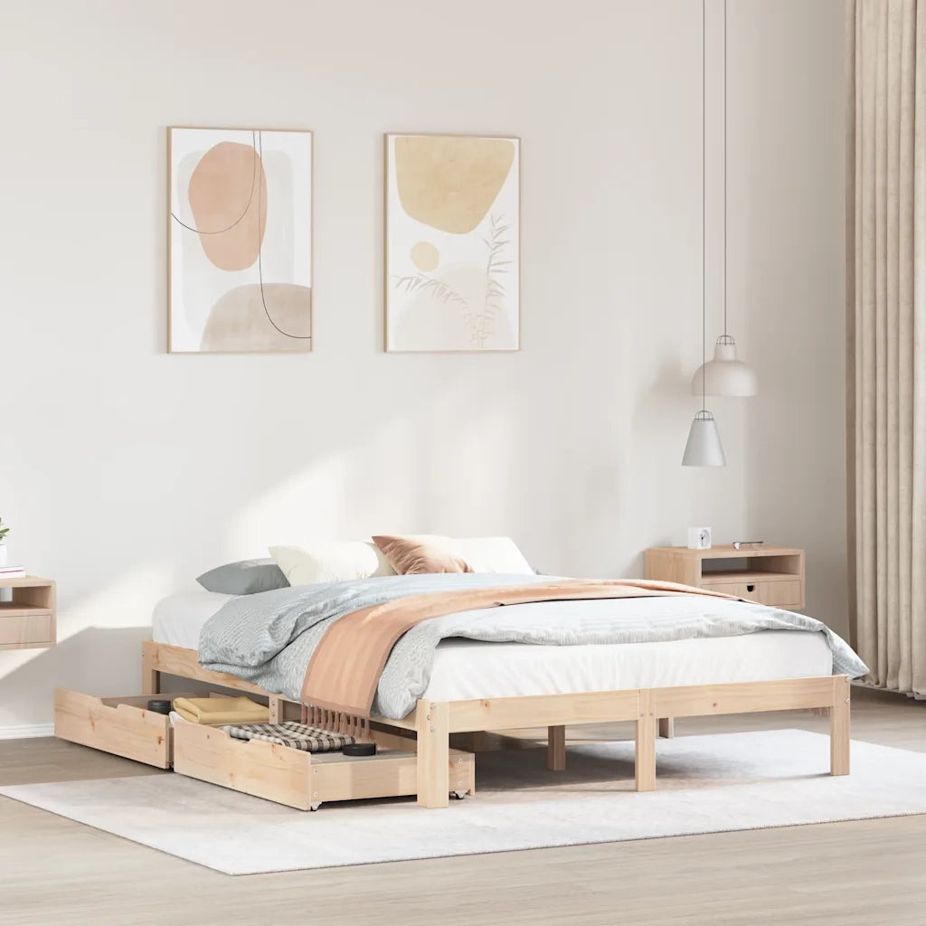 Letto matrimoniale | Letto per adulti | Giroletto con Cassetti 160x200 cm in Legno Massello di Pino