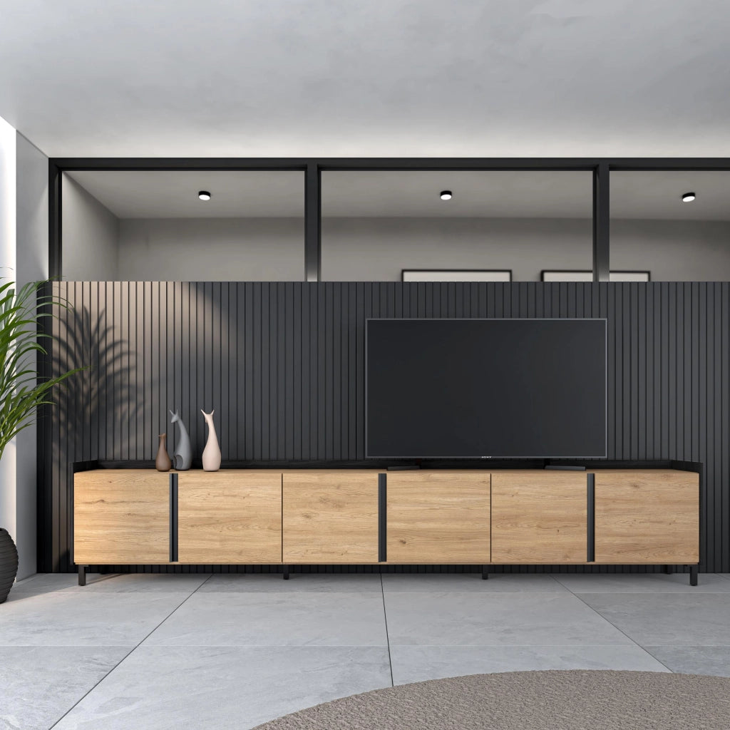 Mobile TV Soggiorno, 309x61x35 cm, Per TV fino a 80", Design industriale, Rovere e nero
