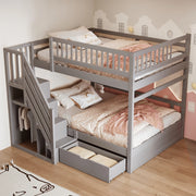 Letto a castello in legno massello 140x200 cm con scala contenitore e cassetti