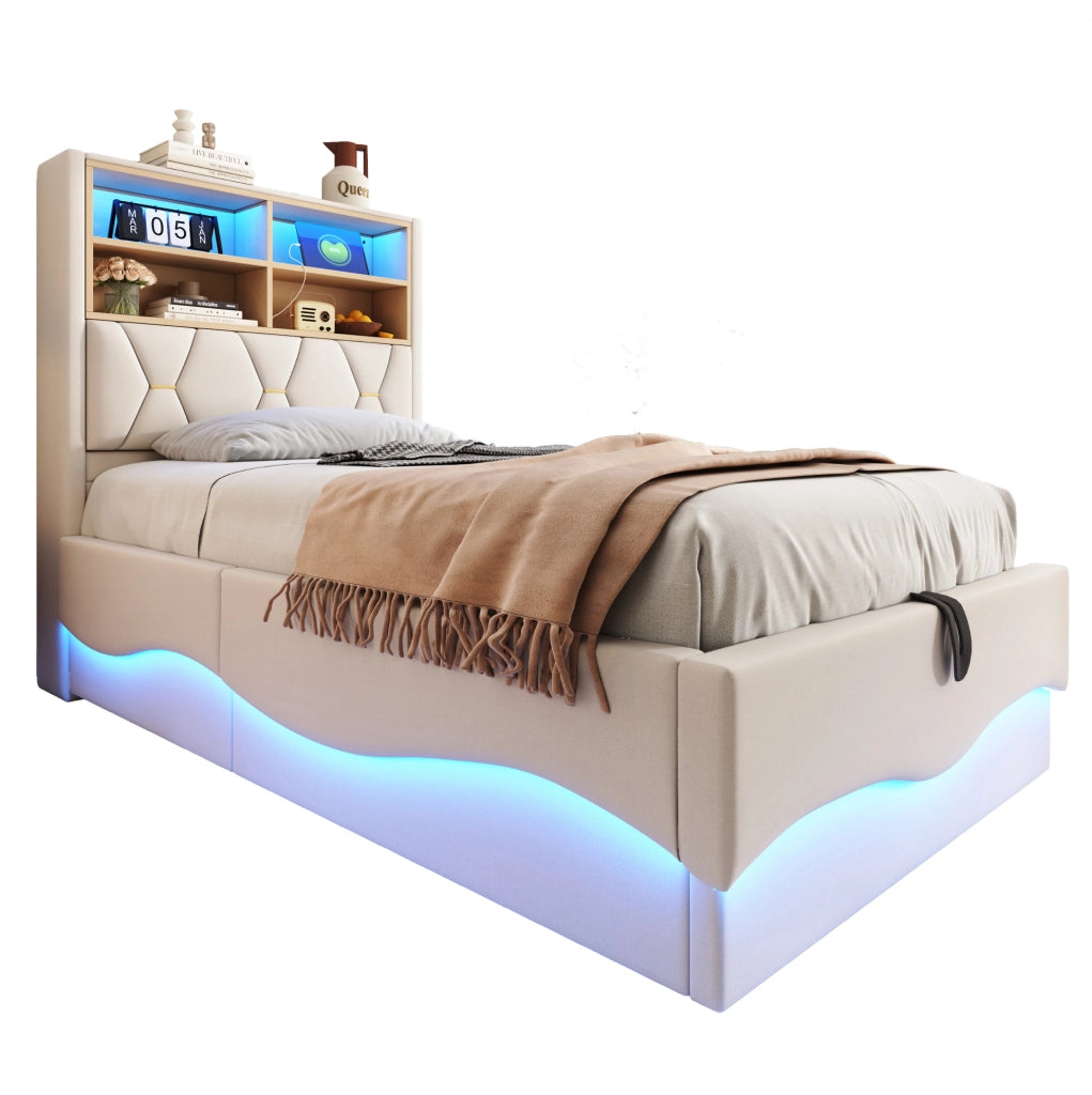 Letto multifunzione per bambini e ragazzi 90x200 cm con LED; USB e contenitore; beige