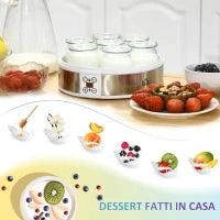Yogurtiera 20W da 1.5L con 7 Vasetti e Display a Pulsanti, in Acciaio Inox e Plastica, 24x24x13 cm, Bianca