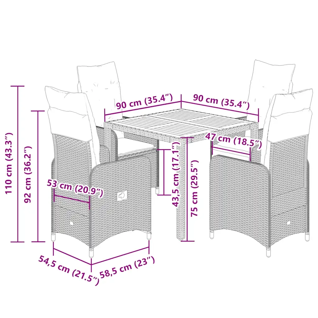 Set BistrÃ² da Giardino 5 pz con Cuscini in Polyrattan Grigio